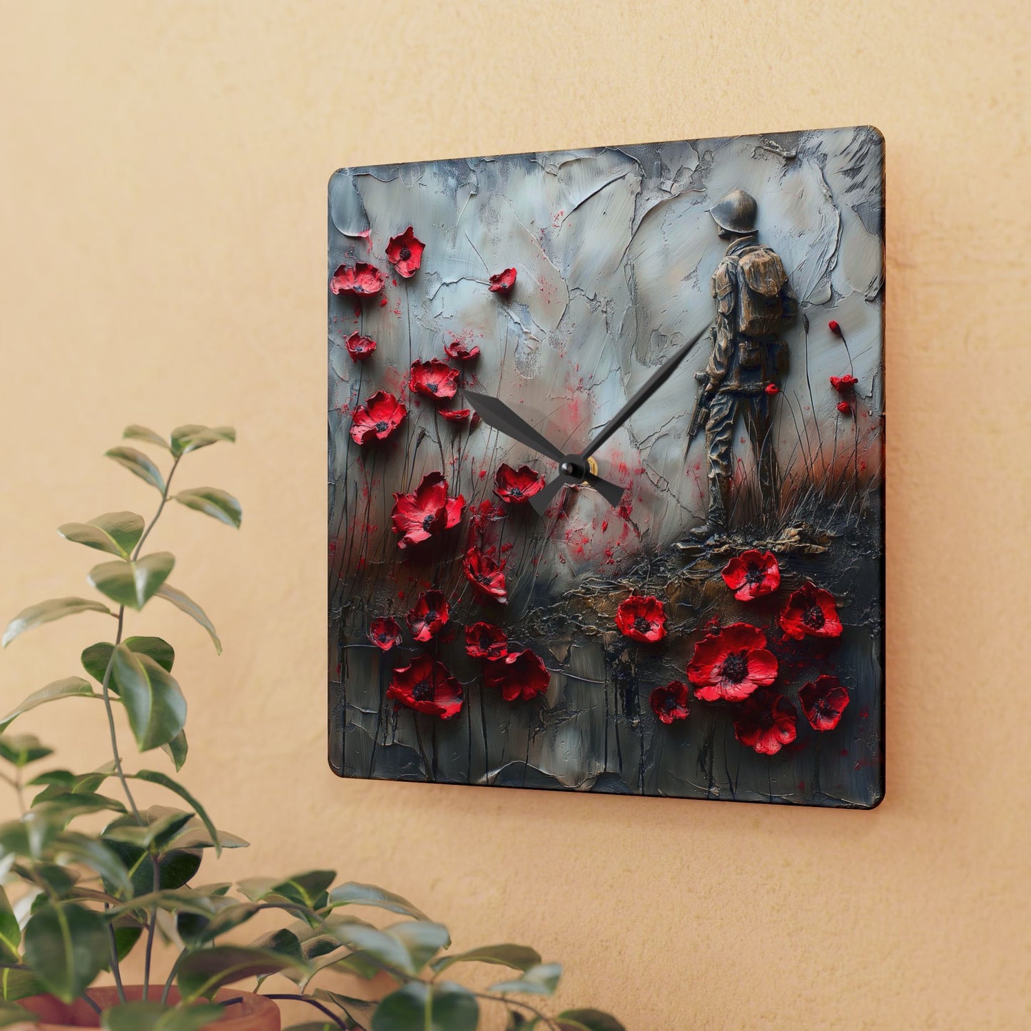 Soldier and Poppy Acrylic Wall Clock, Military Decor, Home Wall Art, Gift for Veteran, Unique Timepiece, Remembrance Memorial