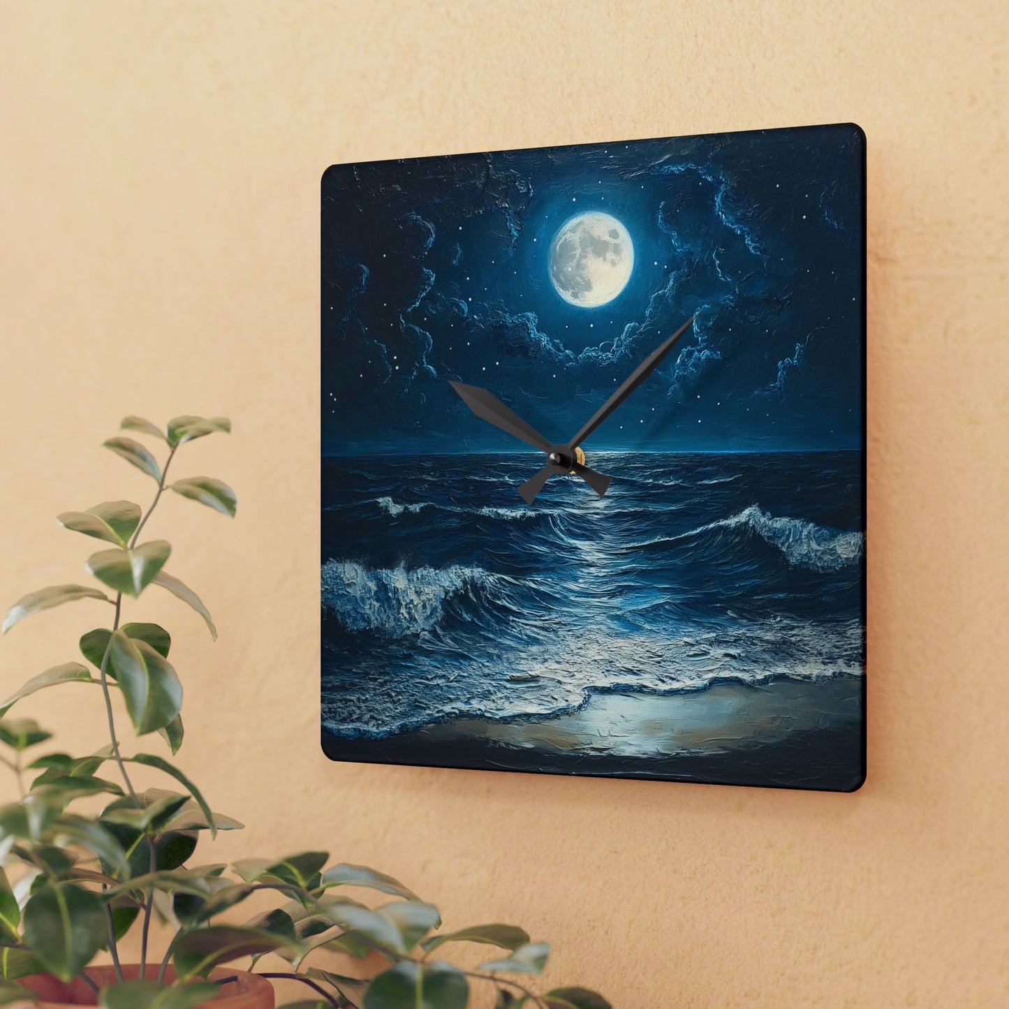 Moonlit Ocean Acrylic Wall Clock, Coastal Home Decor, Nautical Gift, Ocean Lover Accent, Unique Wall Art, Maritime Decor