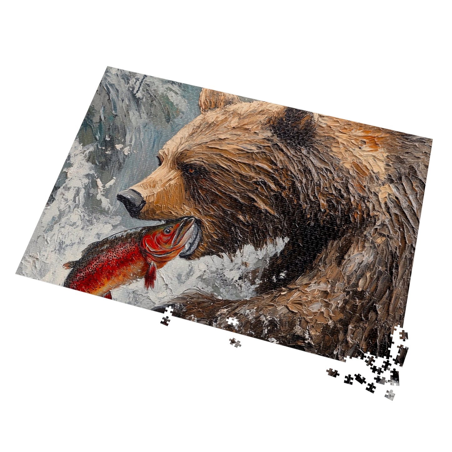 Wildlife Jigsaw Puzzle, Bear and Fish Artwork, Nature Enthusiast Gift, Family Game Night, Eco-Friendly Fun, Home Decor