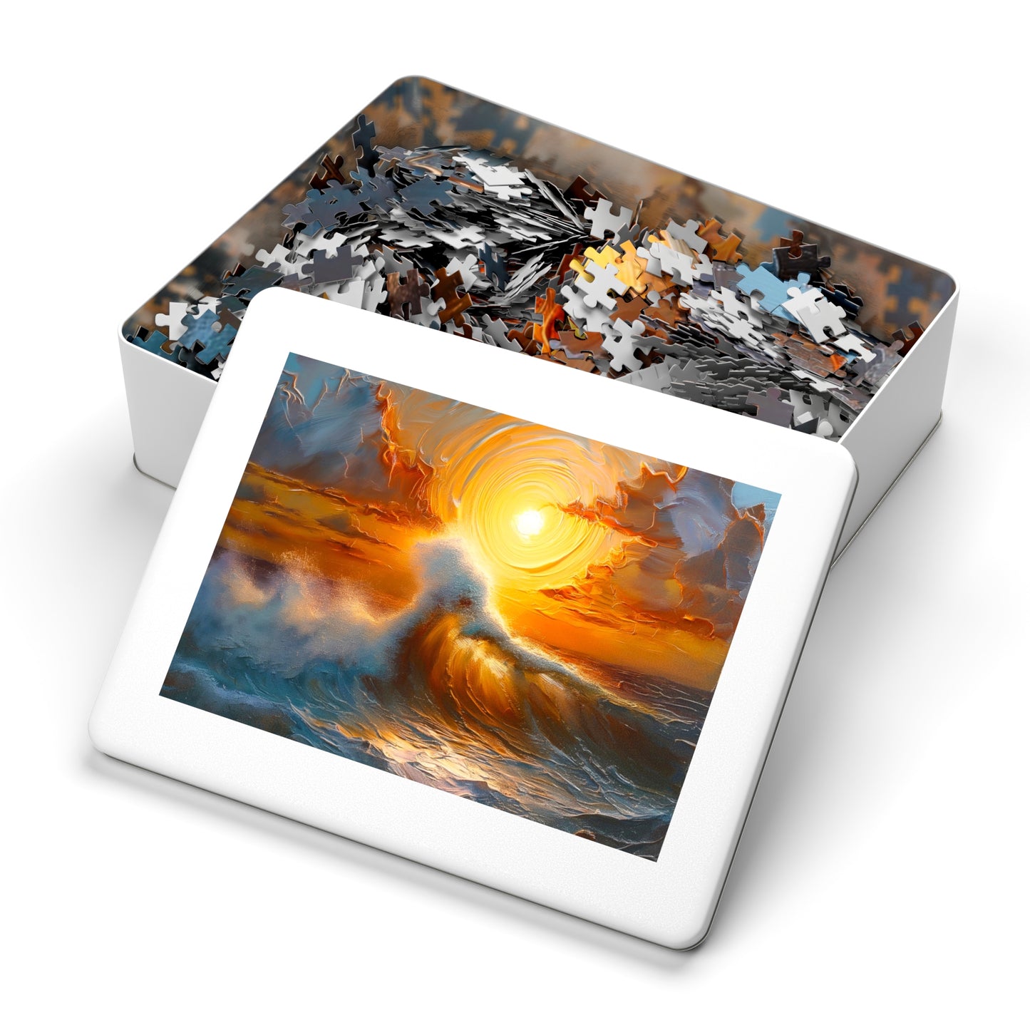 Ocean Sunset Jigsaw Puzzle with Tin, Engaging Family Activity, Perfect for Relaxation, Art Lovers Gift, Fun for All Ages