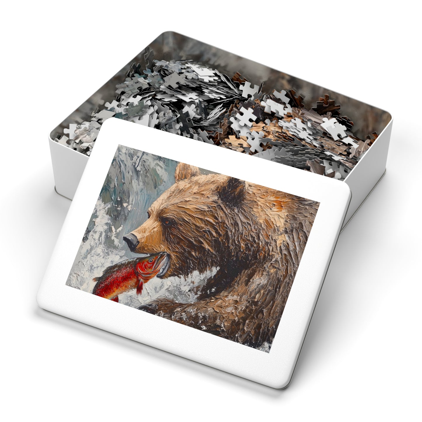 Wildlife Jigsaw Puzzle, Bear and Fish Artwork, Nature Enthusiast Gift, Family Game Night, Eco-Friendly Fun, Home Decor