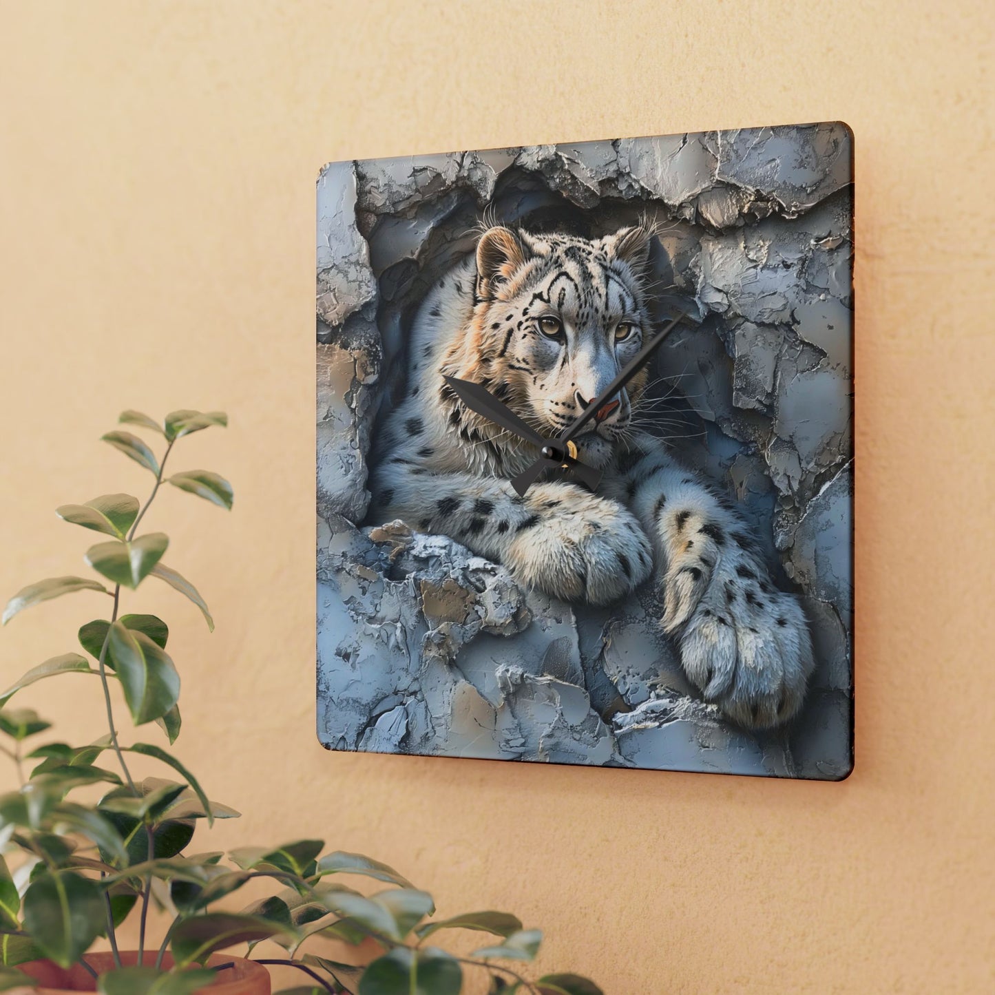 Snow Leopard Acrylic Wall Clock, Modern Home Decor, Wildlife Lover Gift, Unique Wall Art, Nature Inspired Clock