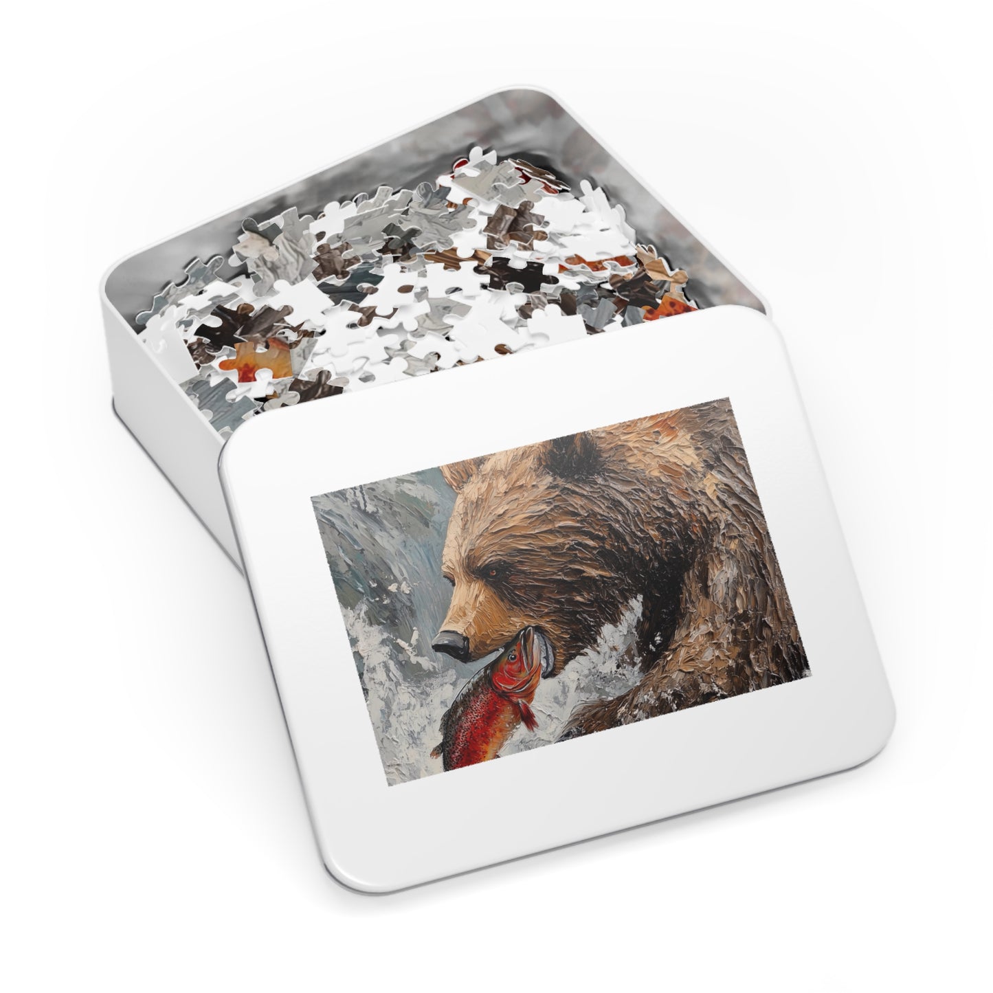 Wildlife Jigsaw Puzzle, Bear and Fish Artwork, Nature Enthusiast Gift, Family Game Night, Eco-Friendly Fun, Home Decor