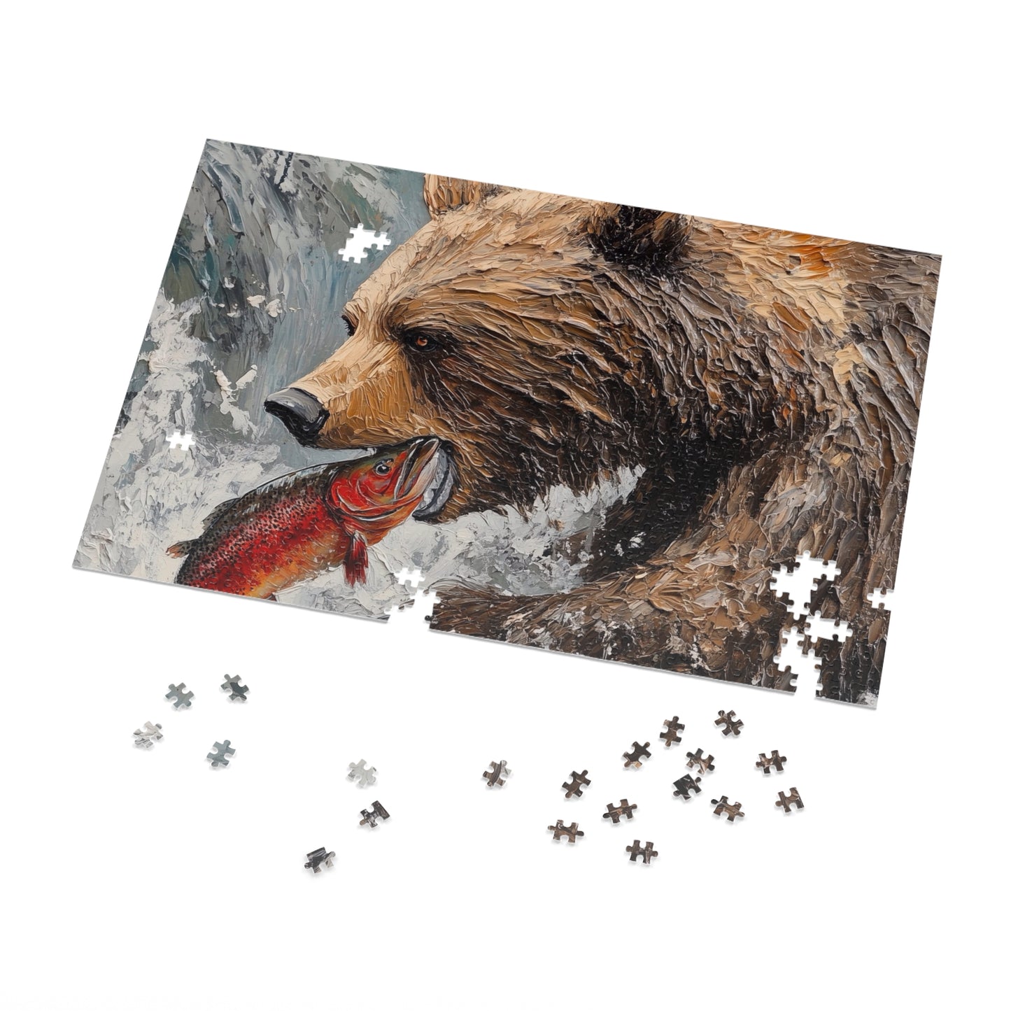 Wildlife Jigsaw Puzzle, Bear and Fish Artwork, Nature Enthusiast Gift, Family Game Night, Eco-Friendly Fun, Home Decor
