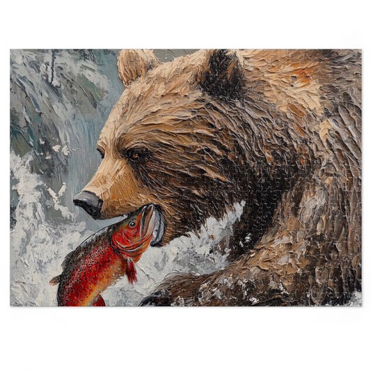 Wildlife Jigsaw Puzzle, Bear and Fish Artwork, Nature Enthusiast Gift, Family Game Night, Eco-Friendly Fun, Home Decor