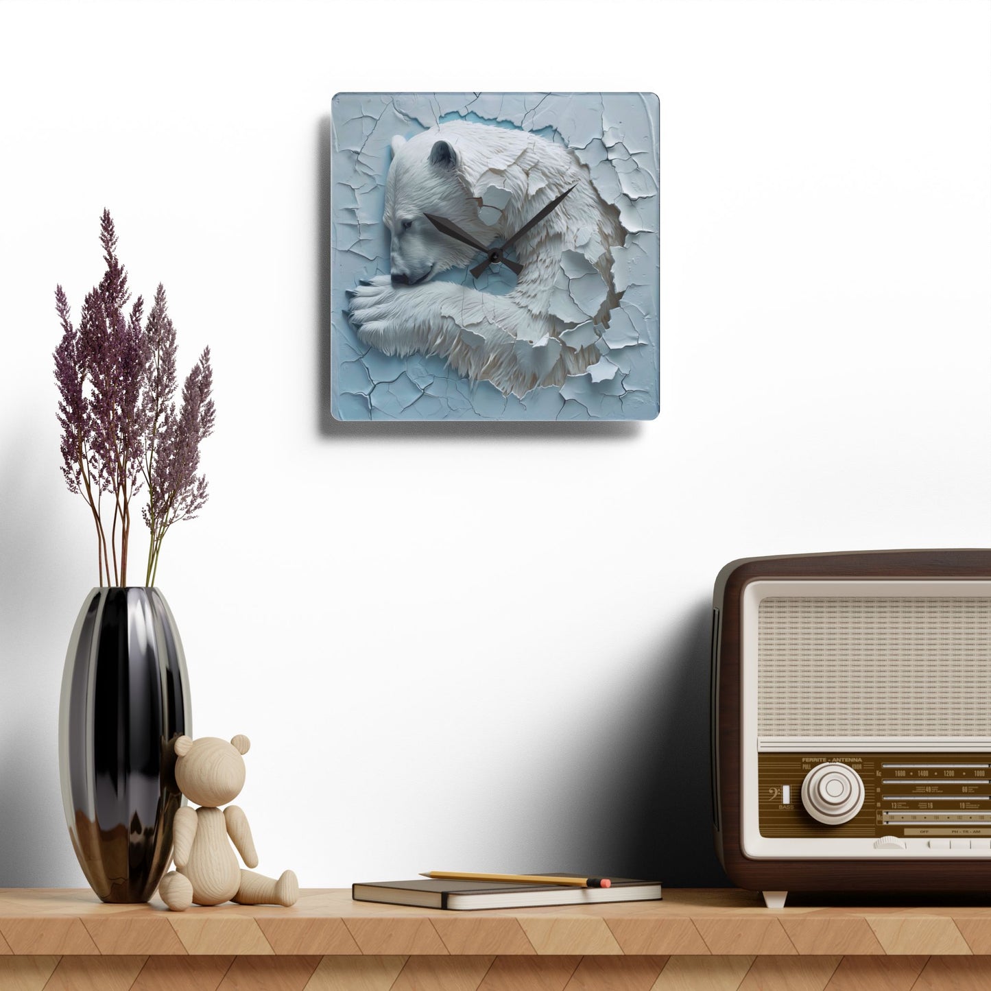 Arctic Serenity Acrylic Wall Clock, Unique Home Decor, Polar Bear Wall Art, Modern Clock, Wildlife Lover Gift, Nature Decor