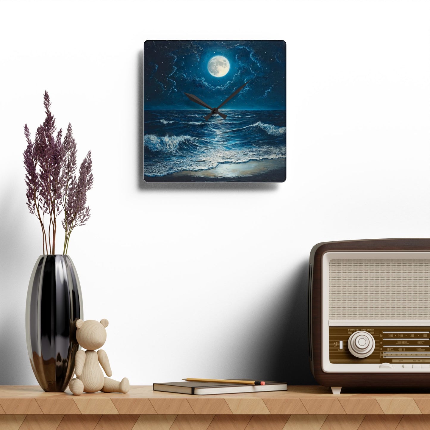 Moonlit Ocean Acrylic Wall Clock, Coastal Home Decor, Nautical Gift, Ocean Lover Accent, Unique Wall Art, Maritime Decor