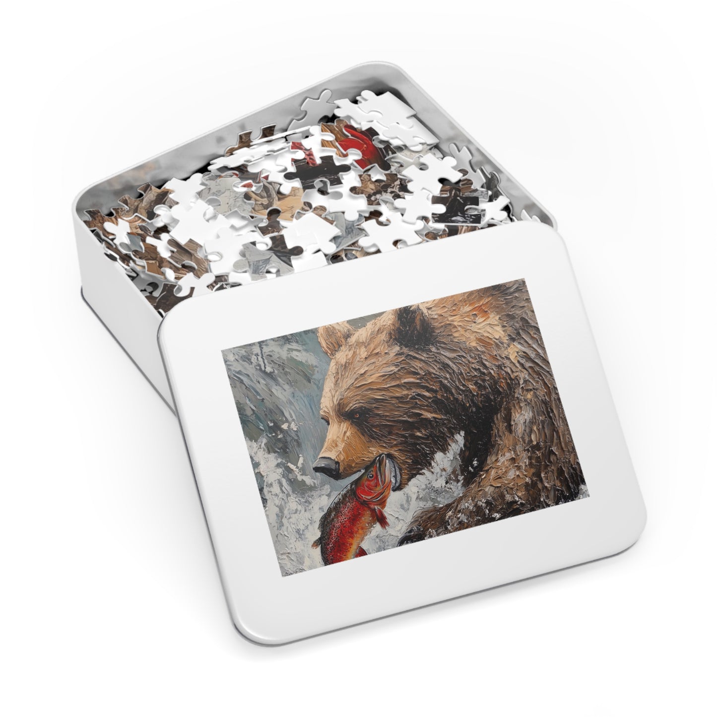 Wildlife Jigsaw Puzzle, Bear and Fish Artwork, Nature Enthusiast Gift, Family Game Night, Eco-Friendly Fun, Home Decor