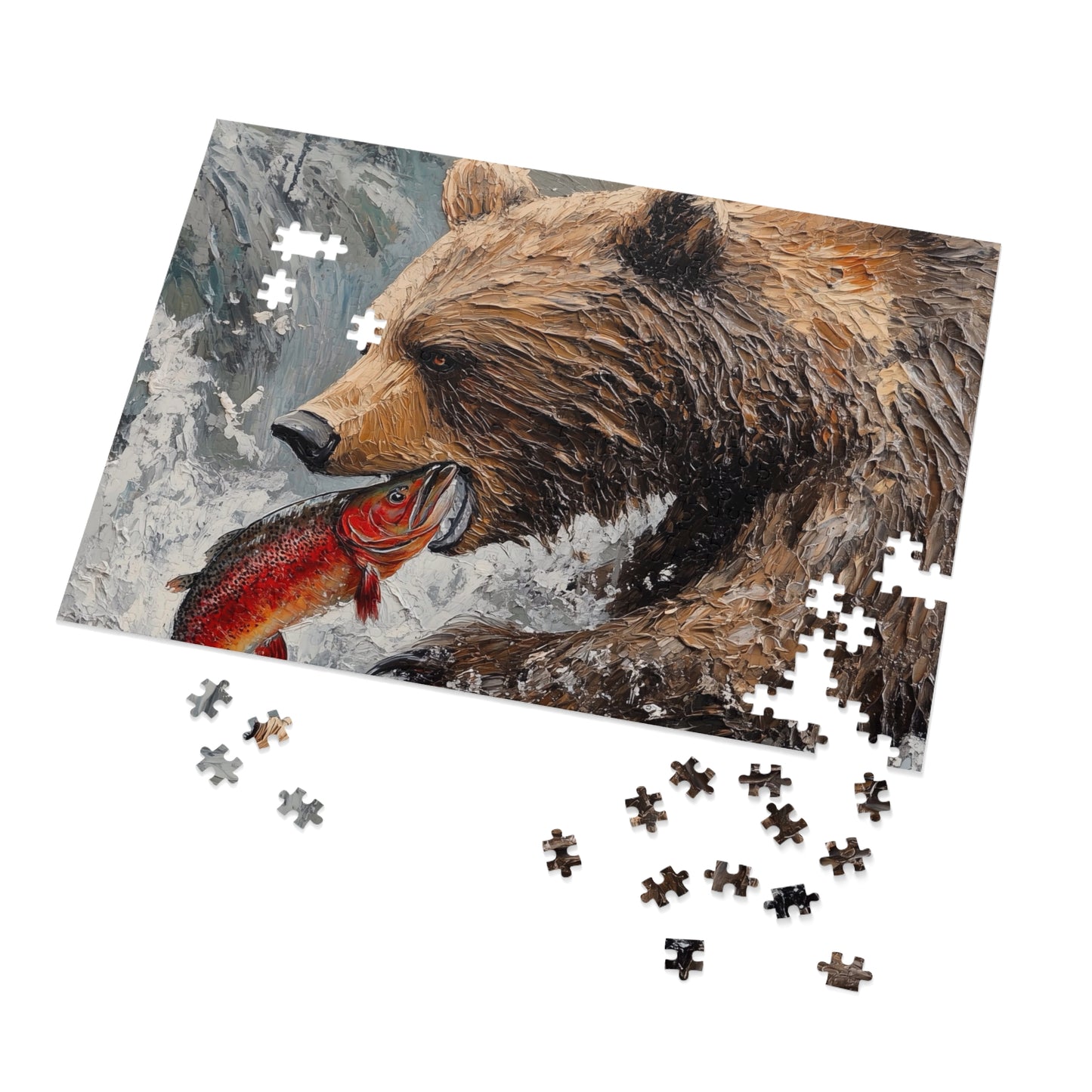 Wildlife Jigsaw Puzzle, Bear and Fish Artwork, Nature Enthusiast Gift, Family Game Night, Eco-Friendly Fun, Home Decor
