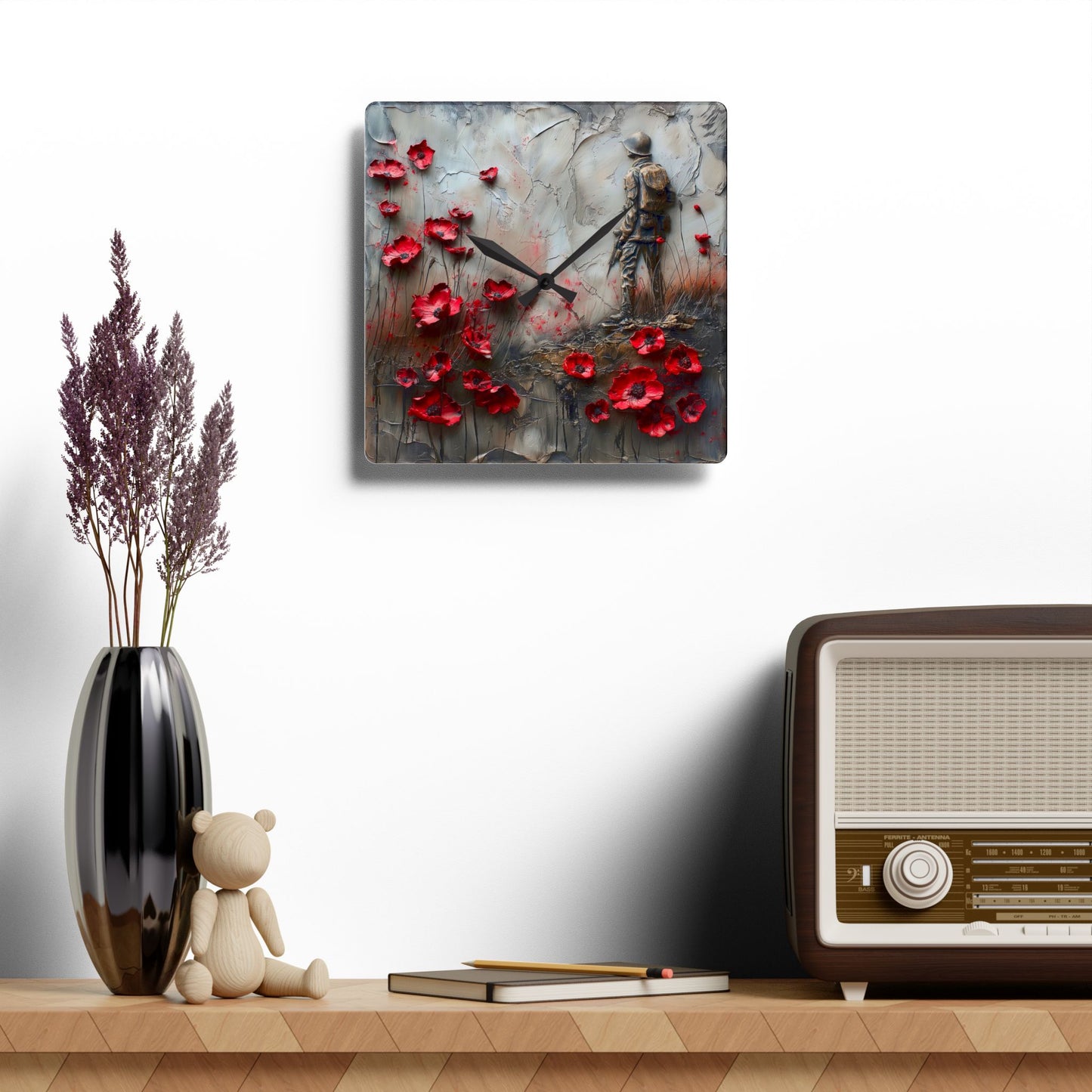 Soldier and Poppy Acrylic Wall Clock, Military Decor, Home Wall Art, Gift for Veteran, Unique Timepiece, Remembrance Memorial