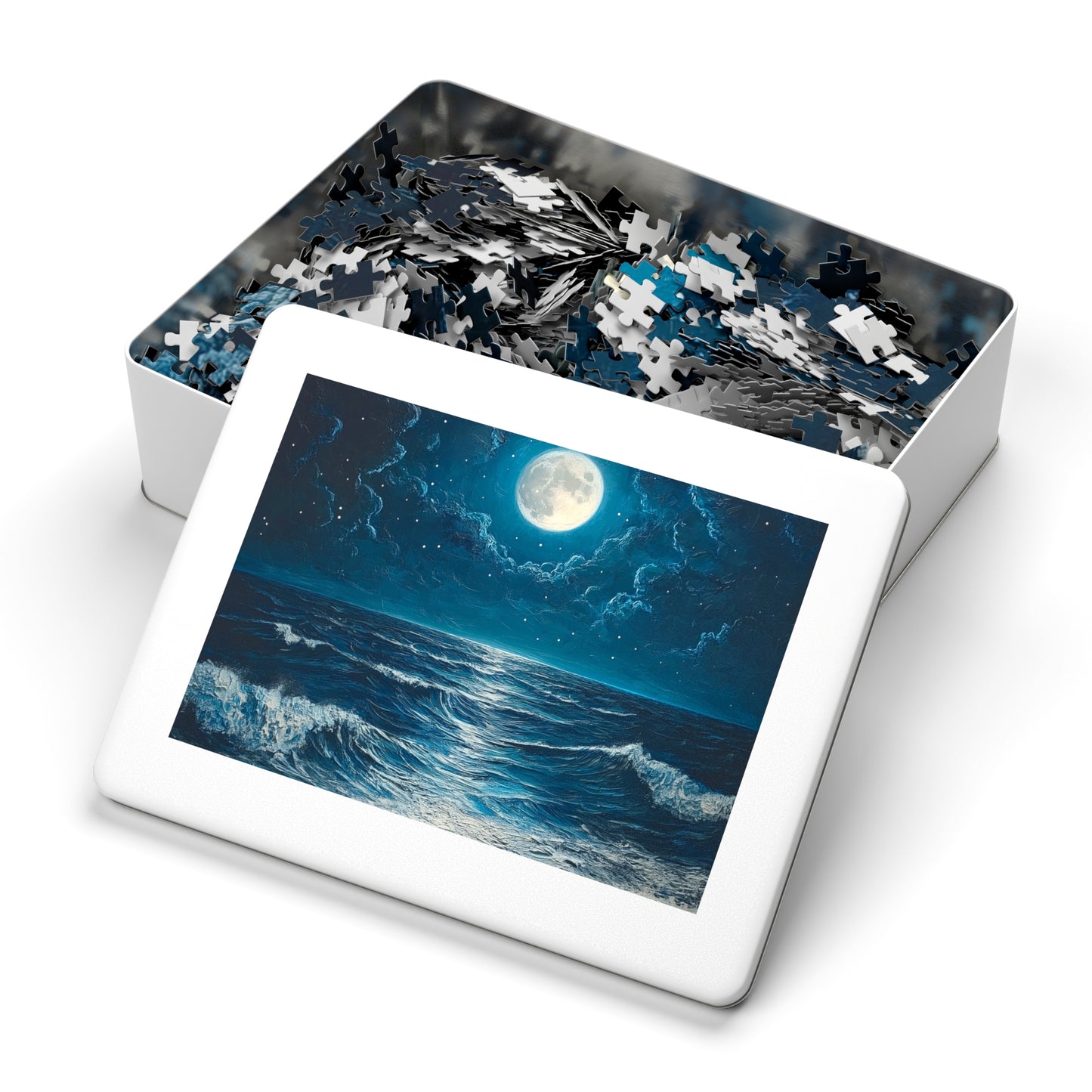 Moonlit Ocean Jigsaw Puzzle with Tin, Relaxation Game, Gift for Puzzle Lovers, Ocean Decor, Stargazing Activity