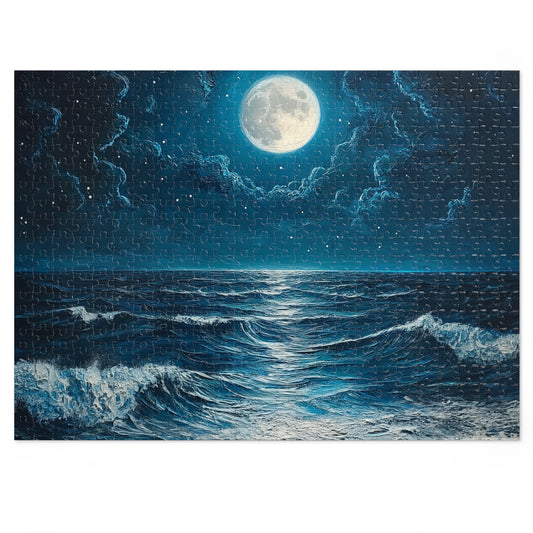 Moonlit Ocean Jigsaw Puzzle with Tin, Relaxation Game, Gift for Puzzle Lovers, Ocean Decor, Stargazing Activity