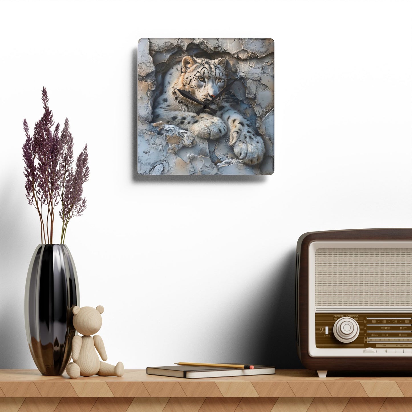 Snow Leopard Acrylic Wall Clock, Modern Home Decor, Wildlife Lover Gift, Unique Wall Art, Nature Inspired Clock