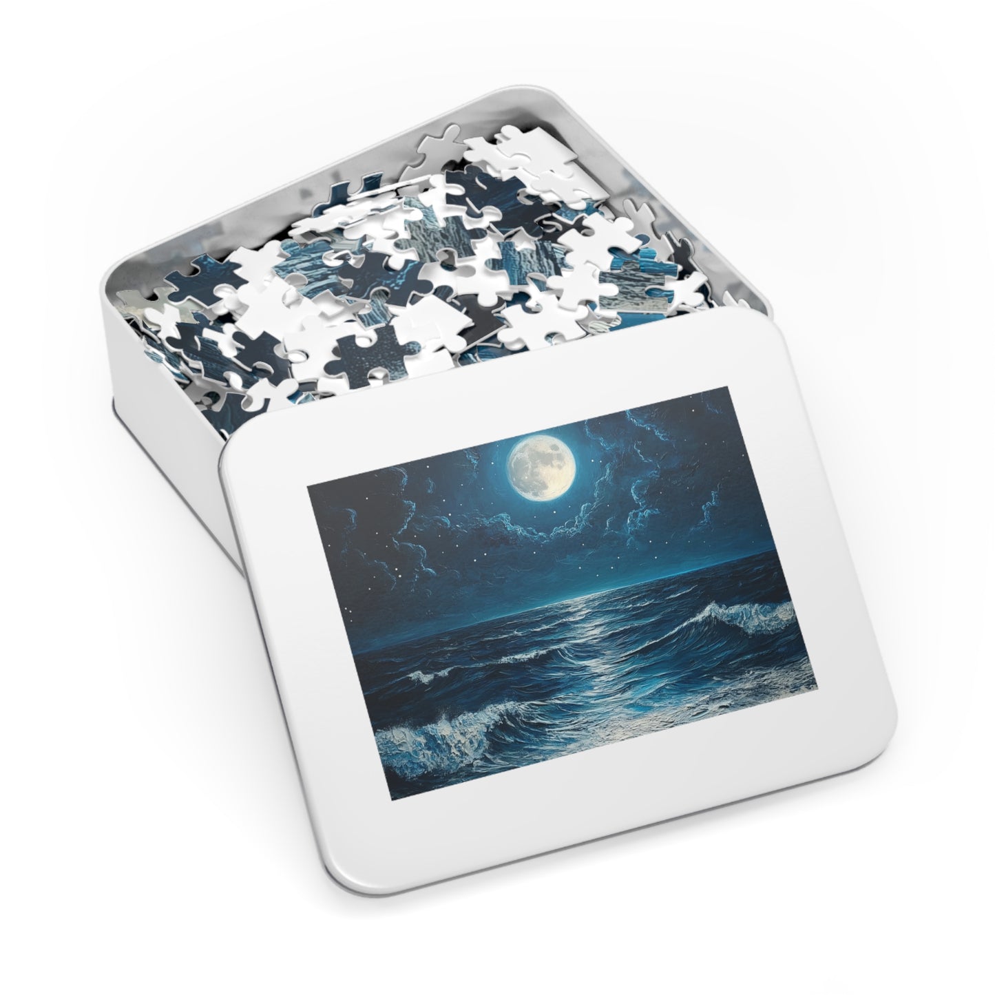 Moonlit Ocean Jigsaw Puzzle with Tin, Relaxation Game, Gift for Puzzle Lovers, Ocean Decor, Stargazing Activity