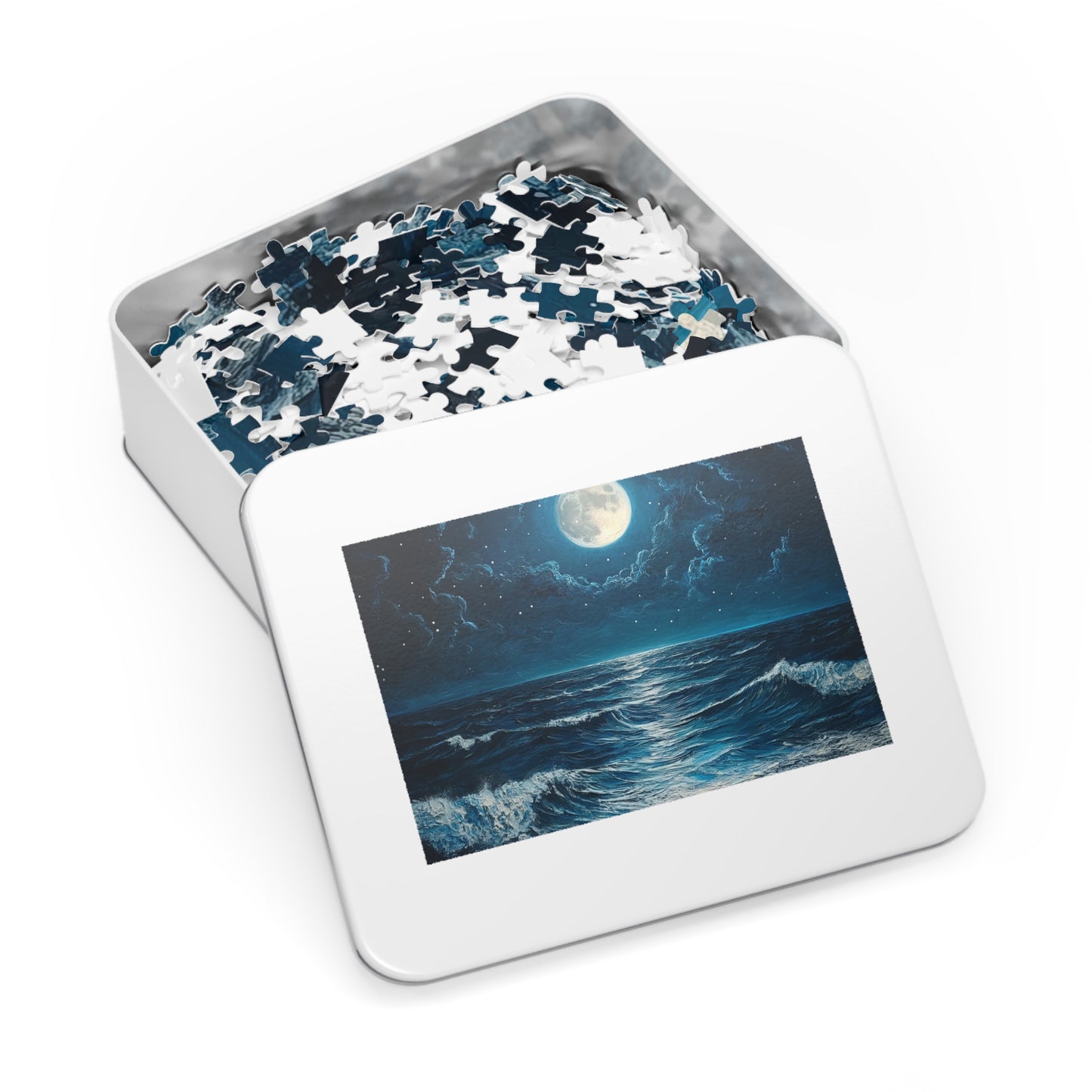 Moonlit Ocean Jigsaw Puzzle with Tin, Relaxation Game, Gift for Puzzle Lovers, Ocean Decor, Stargazing Activity
