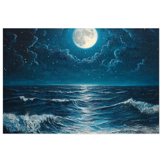 Moonlit Ocean Jigsaw Puzzle with Tin, Relaxation Game, Gift for Puzzle Lovers, Ocean Decor, Stargazing Activity